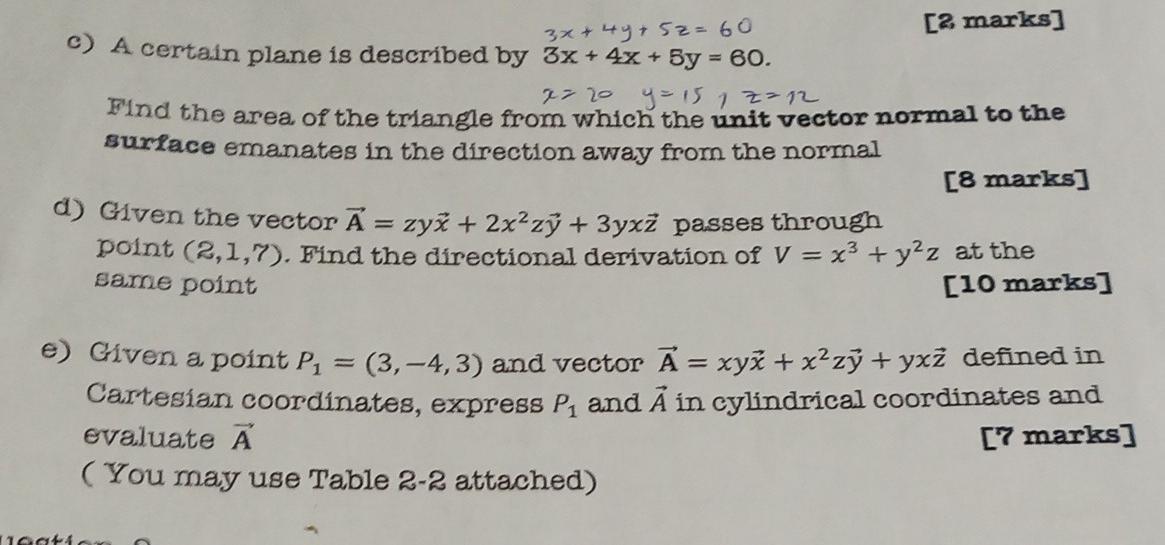 3x 4y 5z 60 2 Marks C A Certain Plane Is Described By 3x 4x 5y 60 27 Y Find The Area Of The Triangle F 1