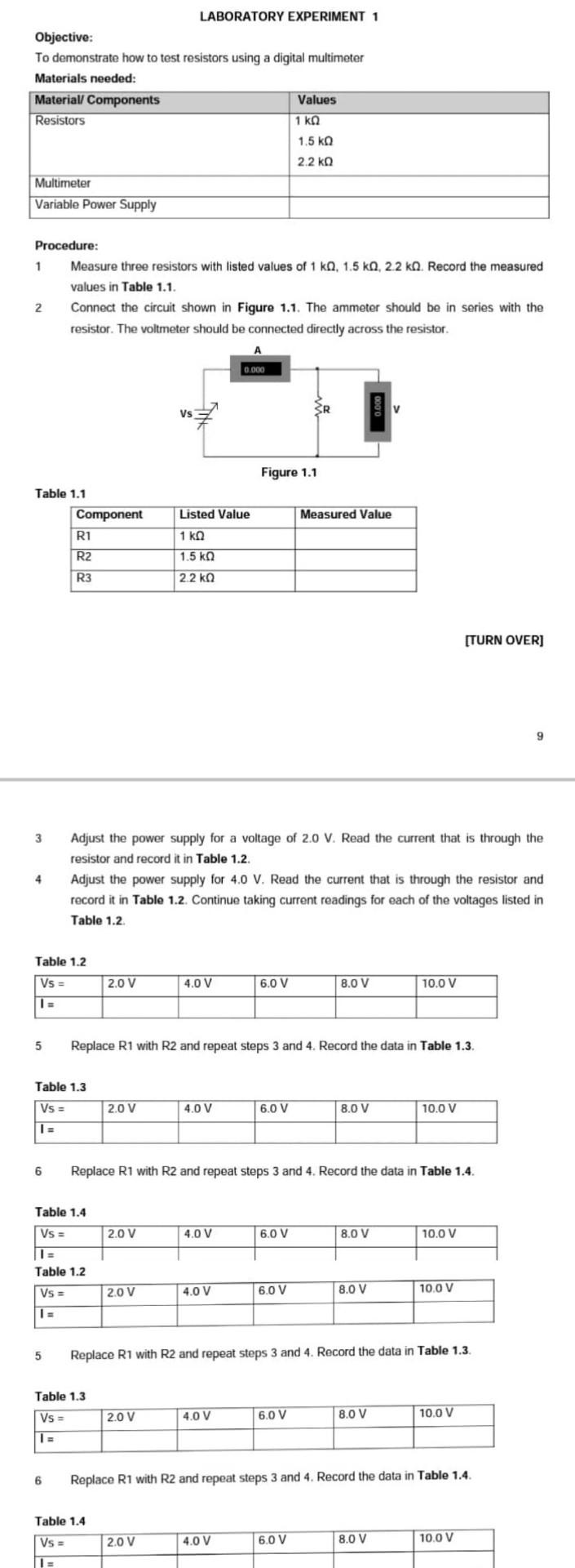 Laboratory Experiment 1 Objective To Demonstrate How To Test Resistors Using A Digital Multimeter Materials Needed Mat 1