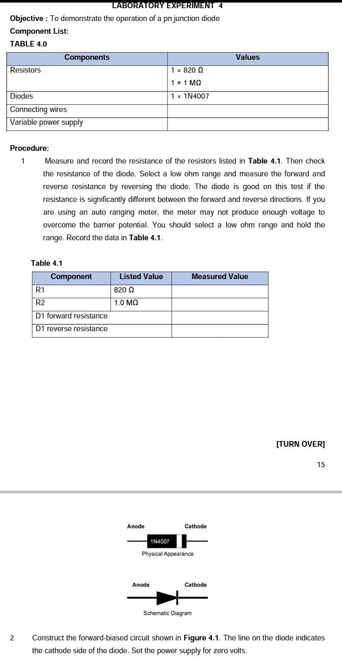 Laboratory Experiment 4 Objective To Demonstrate The Operation Of A Pn Junction Diode Component List Table 4 0 Compo 1