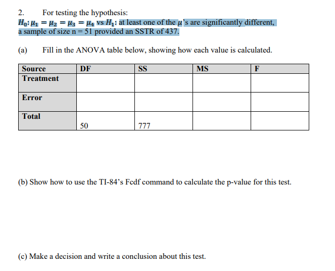 2 For Testing The Hypothesis H 41 U Uz Pq Vs H At Least One Of The U S Are Significantly Different A Sample 1