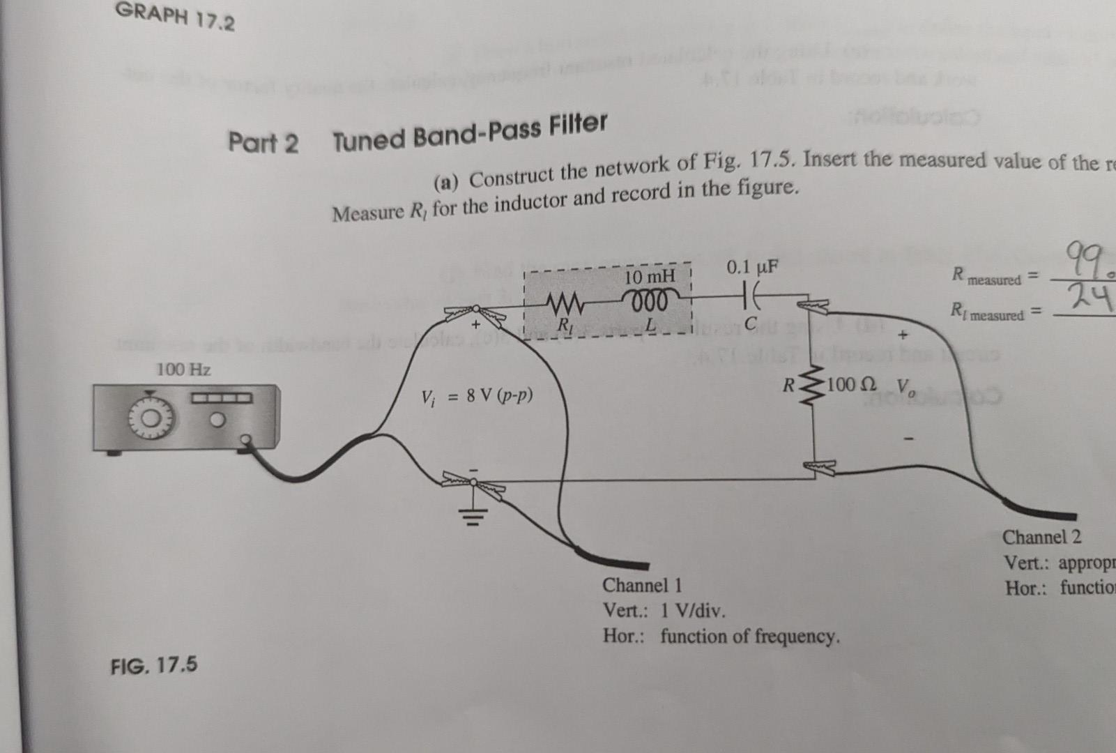Graph 17 2 Part 2 Tuned Band Pass Filter A Construct The Network Of Fig 17 5 Insert The Measured Value Of The Re Mea 1