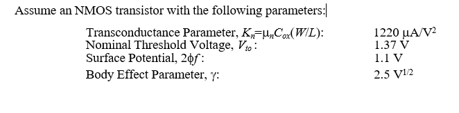 Assume An Nmos Transistor With The Following Parameters Transconductance Parameter K U Cox W L Nominal Threshold Vo 1