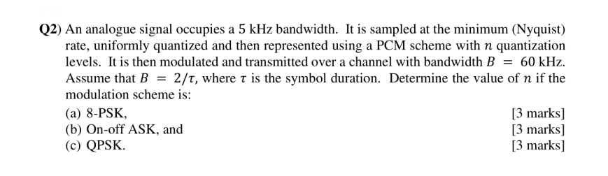 2 An Analogue Signal Occupies A 5 Khz Bandwidth It Is Sampled At The Minimum Nyquist Rate Uniformly Quantized And 1