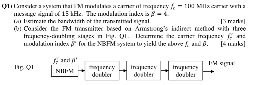 Q1 Consider A System That Fm Modulates A Carrier Of Frequency Fc 100 Mhz Carrier With A Message Signal Of 15 Khz The 1