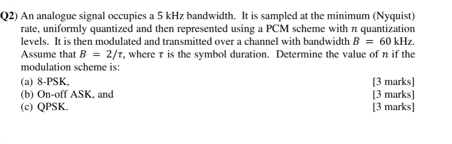 Q2 An Analogue Signal Occupies A 5 Khz Bandwidth It Is Sampled At The Minimum Nyquist Rate Uniformly Quantized And 1