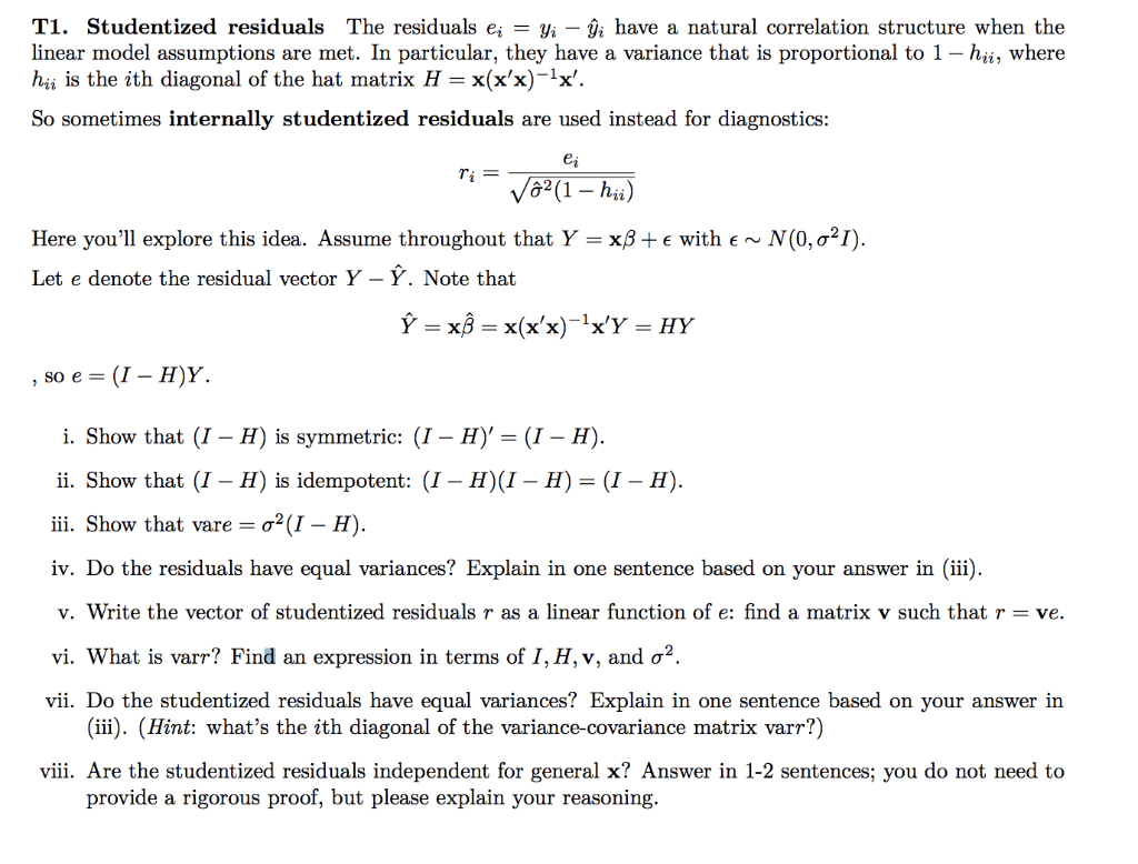 T1 Studentized Residuals The Residuals E Yi Gi Have A Natural Correlation Structure When The Linear Model Assumpti 1