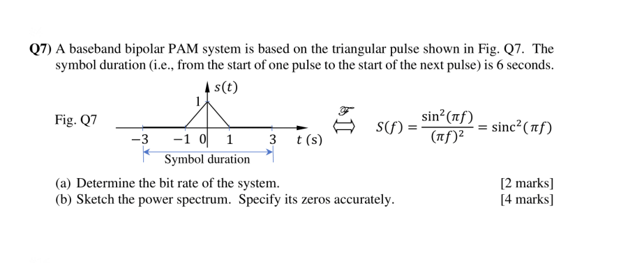 Sin Rf 7 A Baseband Bipolar Pam System Is Based On The Triangular Pulse Shown In Fig 27 The Symbol Duration I E 1