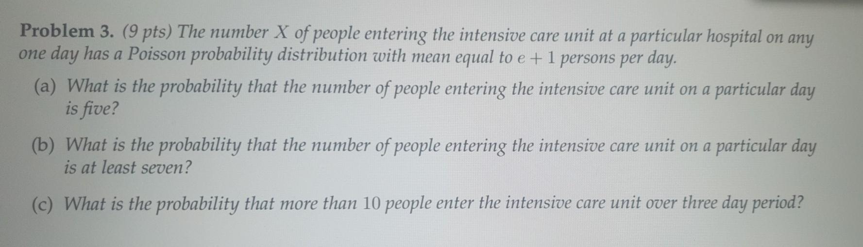 Problem 3 9 Pts The Number X Of People Entering The Intensive Care Unit At A Particular Hospital On Any One Day Has A 1