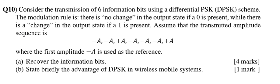 Q10 Consider The Transmission Of 6 Information Bits Using A Differential Psk Dpsk Scheme The Modulation Rule Is The 1
