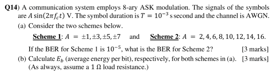 Q14 A Communication System Employs 8 Ary Ask Modulation The Signals Of The Symbols Are A Sin 2nfct V The Symbol Dura 1