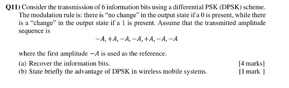 Q11 Consider The Transmission Of 6 Information Bits Using A Differential Psk Dpsk Scheme The Modulation Rule Is The 1
