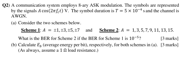 Q2 A Communication System Employs 8 Ary Ask Modulation The Symbols Are Represented By The Signals A Cos 21fct V The 1