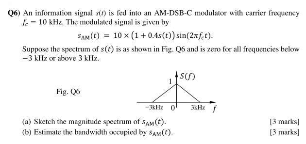 6 An Information Signal S T Is Fed Into An Am Dsb C Modulator With Carrier Frequency Fc 10 Khz The Modulated Signa 1