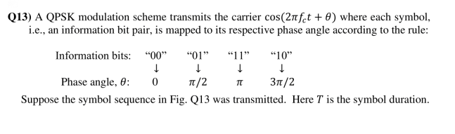 Q13 A Qpsk Modulation Scheme Transmits The Carrier Cos 2nfet 0 Where Each Symbol I E An Information Bit Pair Is 1