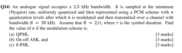 Q14 An Analogue Signal Occupies A 2 5 Khz Bandwidth It Is Sampled At The Minimum Nyquist Rate Uniformly Quantized A 1