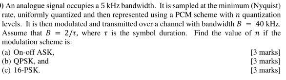 An Analogue Signal Occupies A 5 Khz Bandwidth It Is Sampled At The Minimum Nyquist Rate Uniformly Quantized And Th 1