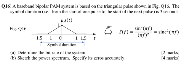 I Q16 A Baseband Bipolar Pam System Is Based On The Triangular Pulse Shown In Fig Q16 The Symbol Duration I E From 1