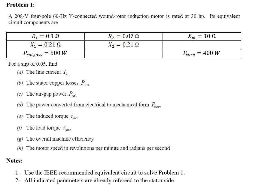 Problem 1 A 208 V Four Pole 60 Hz Y Connected Wound Rotor Induction Motor Is Rated At 30 Hp Its Equivalent Circuit Com 1