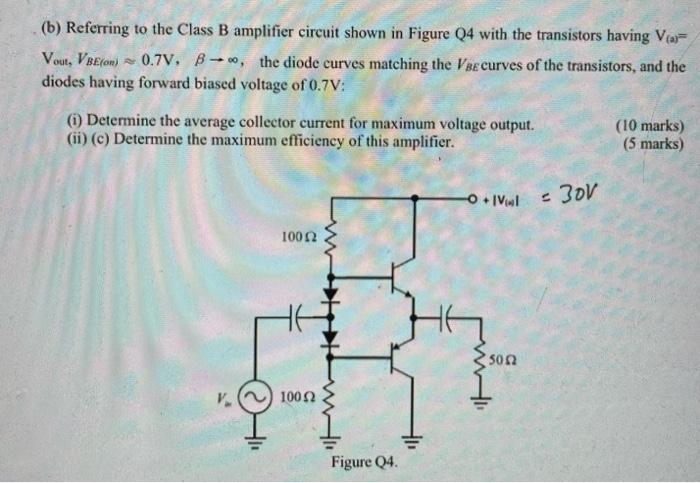 B Referring To The Class B Amplifier Circuit Shown In Figure Q4 With The Transistors Having Va Vour Veron 0 7v B 1