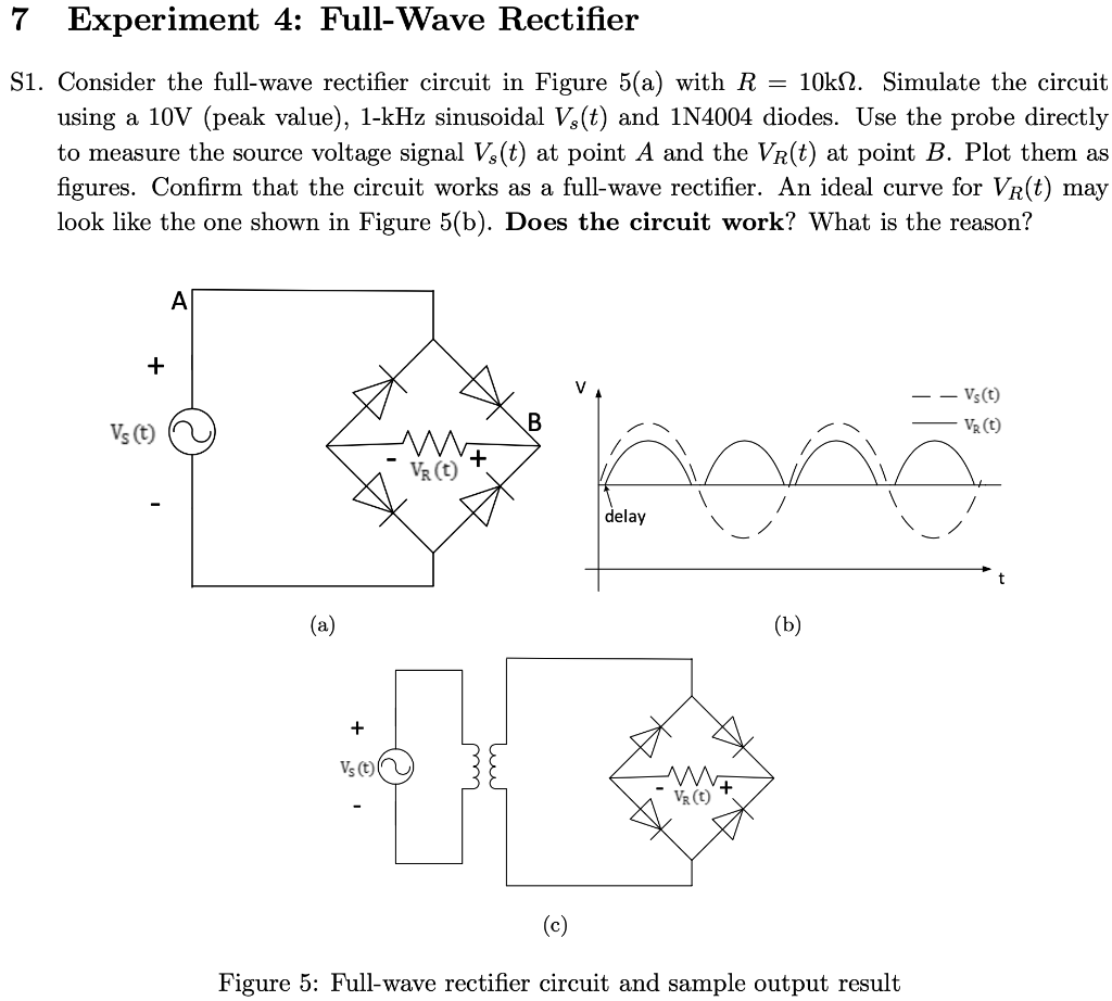 7 Experiment 4 Full Wave Rectifier Si Consider The Full Wave Rectifier Circuit In Figure 5 A With R 10kn2 Simulate 1