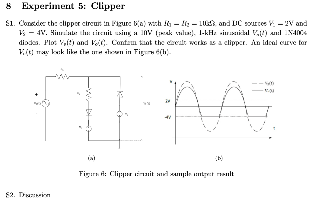 8 Experiment 5 Clipper Si Consider The Clipper Circuit In Figure 6 A With Ri R2 10ks And Dc Sources V1 2v And V2 1