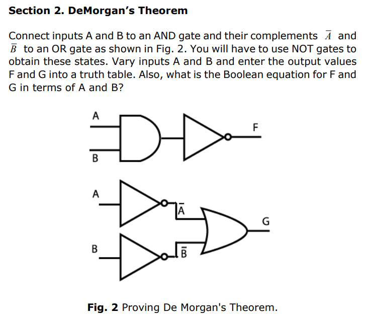 Section 2 Demorgan S Theorem Connect Inputs A And B To An And Gate And Their Complements A And B To An Or Gate As Shown 1