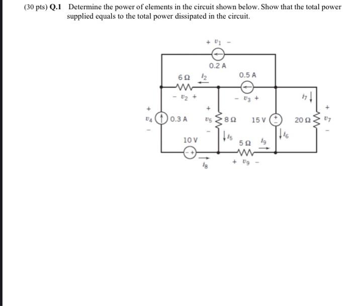 30 Pts Q 1 Determine The Power Of Elements In The Circuit Shown Below Show That The Total Power Supplied Equals To Th 1