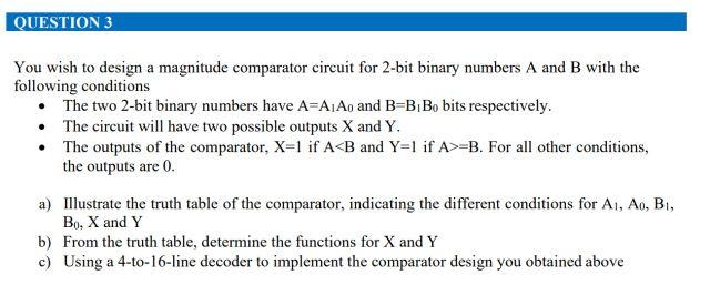 Question 3 You Wish To Design A Magnitude Comparator Circuit For 2 Bit Binary Numbers A And B With The Following Conditi 1
