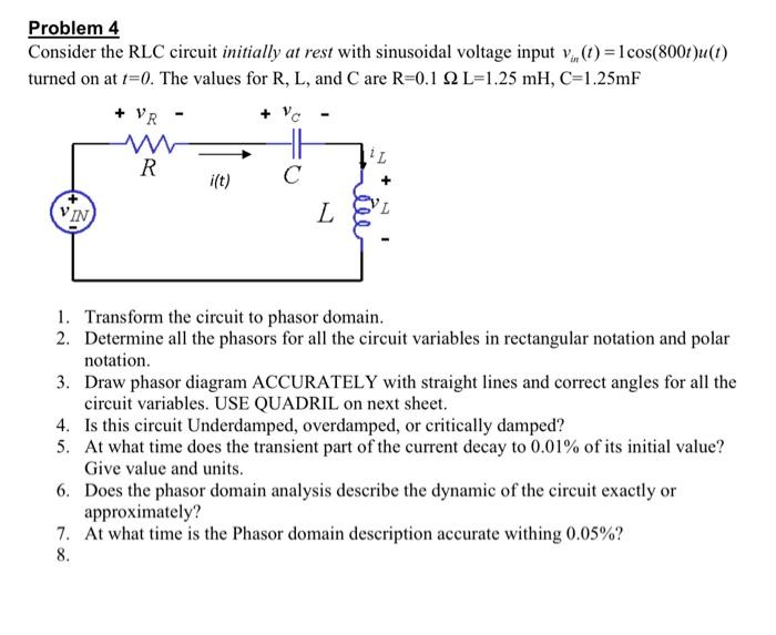 Problem 4 Consider The Rlc Circuit Initially At Rest With Sinusoidal Voltage Input T 1 Cos 800 U T Turned On At T 0 1