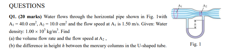 Questions Q1 20 Marks Water Flows Through The Horizontal Pipe Shown In Fig 1with A1 40 0 Cm A2 10 0 Cm And Th 1