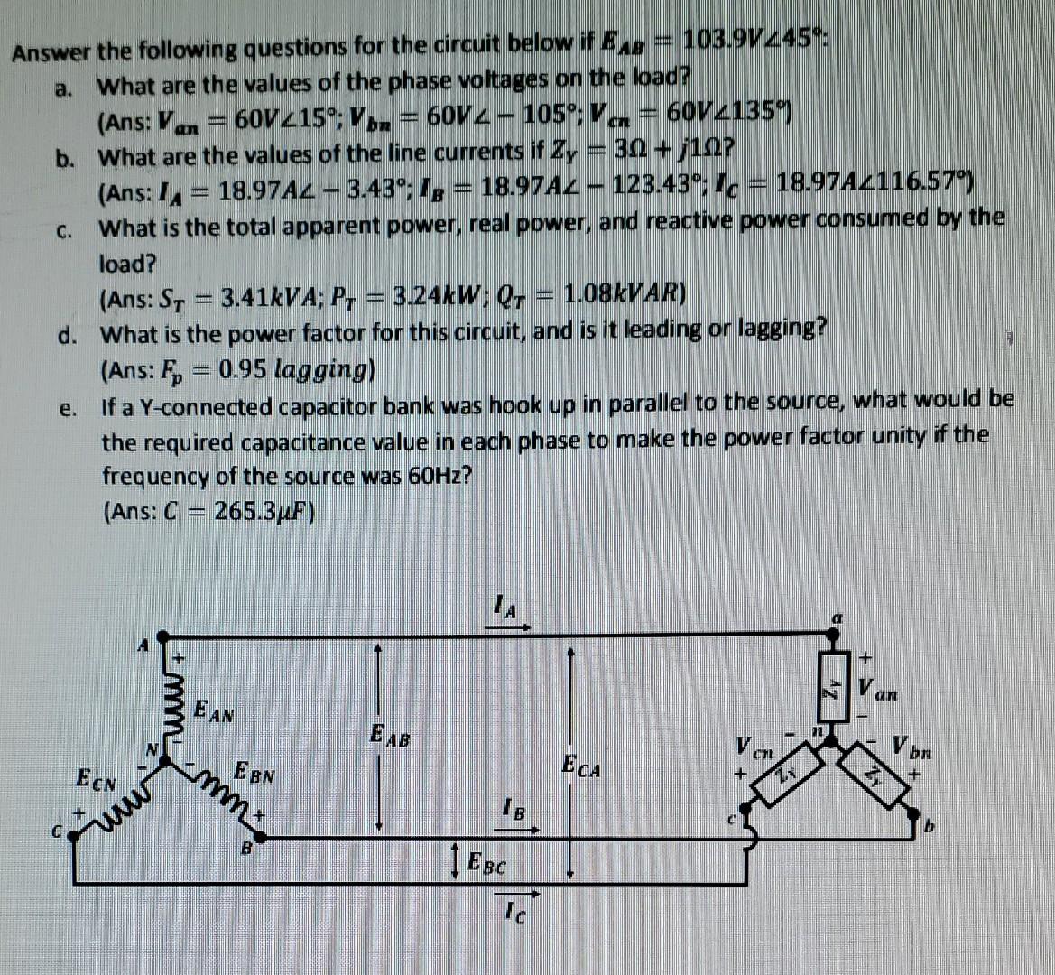 C Answer The Following Questions For The Circuit Below If Ep 103 9v245 A What Are The Values Of The Phase Voltages 1