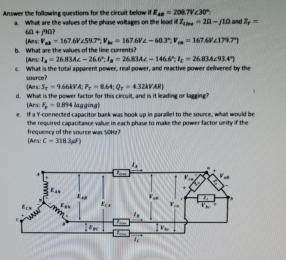 C Answer The Following Questions For The Circuit Below If Bab 208 71230 A What Are The Values Of The Phase Voltages On 1