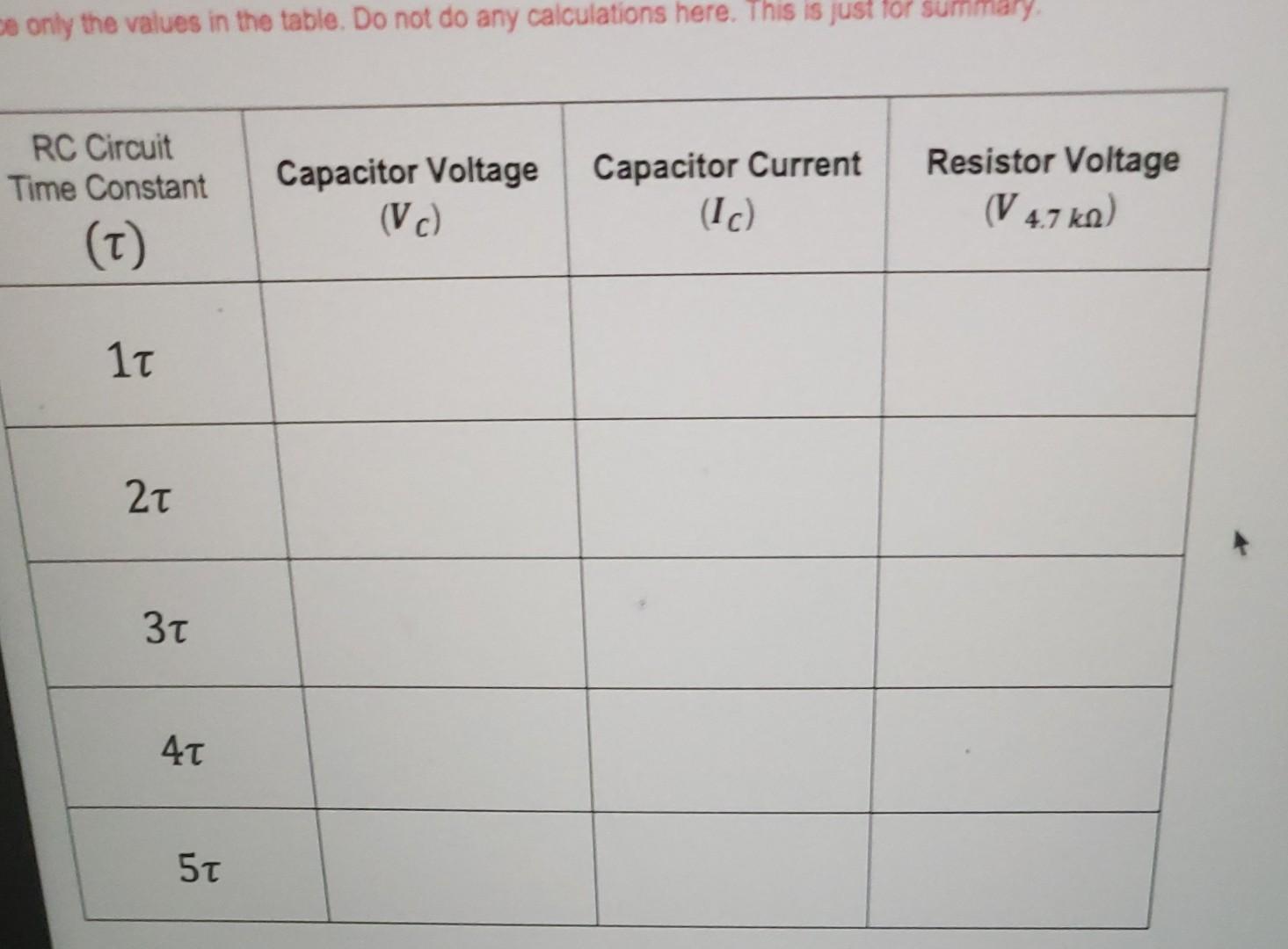 Calculations Time Constant Charging Phase T Capacitor Voltage Vc Capacitor Current 10 Resistor Voltage V 4 7 Ks 5