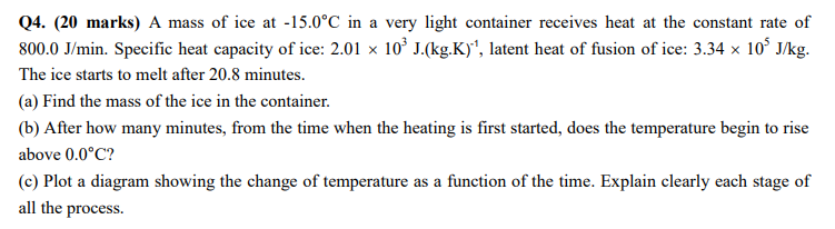 Q4 20 Marks A Mass Of Ice At 15 0 C In A Very Light Container Receives Heat At The Constant Rate Of 800 0 J Min Spe 1