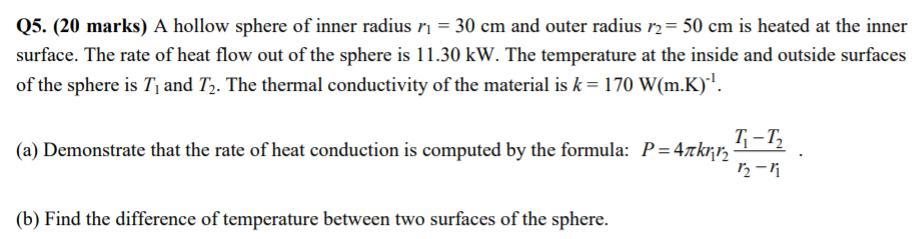 A Hollow Sphere Of Inner Radius R1 30 Cm And Outer Radius R2 50 Cm Is Heated At The Inner Surface The Rate Of Heat 1