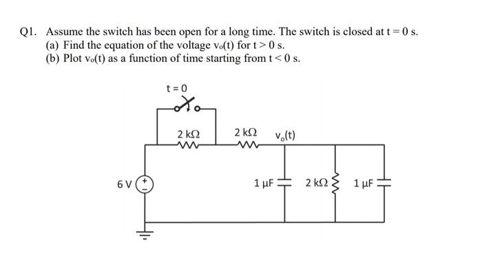 Q1 Assume The Switch Has Been Open For A Long Time The Switch Is Closed At T 0 S A Find The Equation Of The Voltage 1