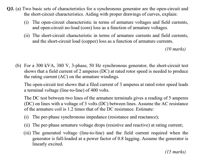 Q3 A Two Basic Sets Of Characteristics For A Synchronous Generator Are The Open Circuit And The Short Circuit Charact 1