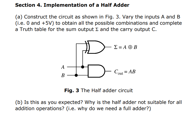 Section 4 Implementation Of A Half Adder A Construct The Circuit As Shown In Fig 3 Vary The Inputs A And B I E 0 1