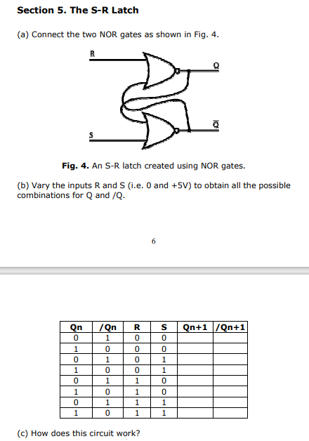 Section 5 The S R Latch A Connect The Two Nor Gates As Shown In Fig 4 R Fig 4 An S R Latch Created Using Nor Gate 1