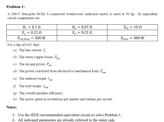 Problem 1 A 208 V Four Pole 60 Hz Y Connected Wound Rotor Induction Motor Is Rated At 30 Hp Its Equivalent Circuit Com 1