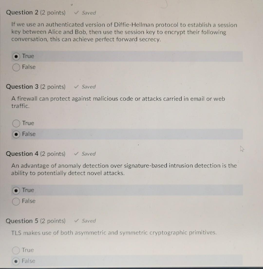 Question 2 2 Points Saved If We Use An Authenticated Version Of Diffie Hellman Protocol To Establish A Session Key B 1