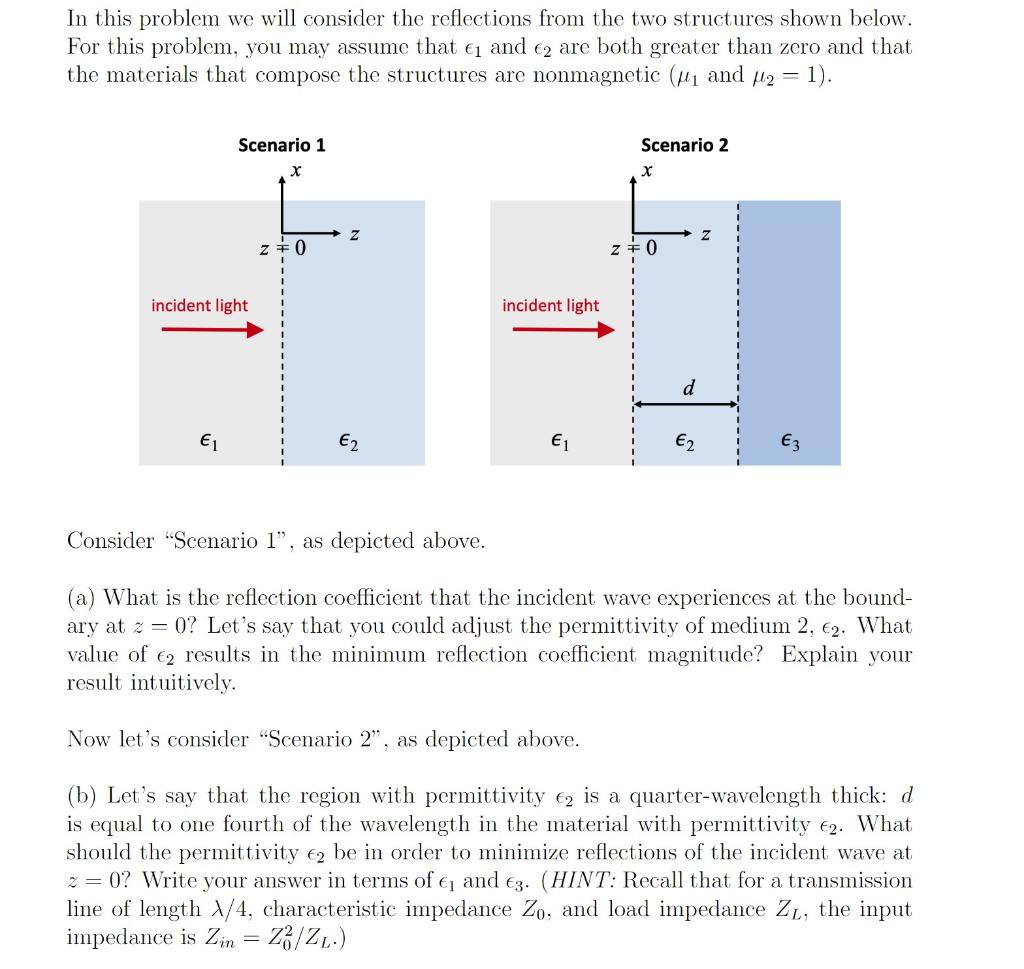 In This Problem We Will Consider The Reflections From The Two Structures Shown Below For This Problem You May Assume T 1