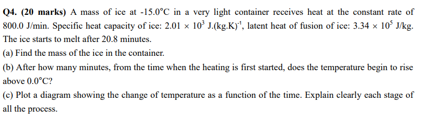 Q4 20 Marks A Mass Of Ice At 15 0 C In A Very Light Container Receives Heat At The Constant Rate Of 800 0 J Min Spe 1