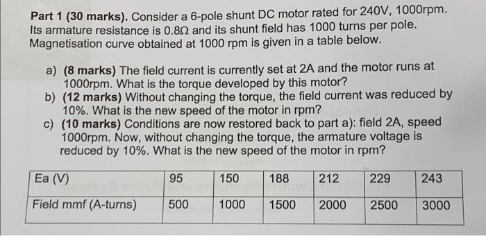 Part 1 30 Marks Consider A 6 Pole Shunt Dc Motor Rated For 240v 1000rpm Its Armature Resistance Is 0 822 And Its Sh 1