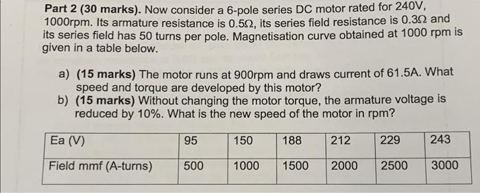 Part 2 30 Marks Now Consider A 6 Pole Series Dc Motor Rated For 240v 1000rpm Its Armature Resistance Is 0 592 Its 1