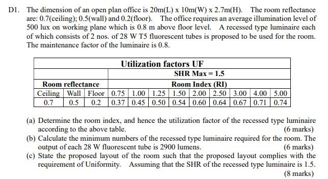 Dl The Dimension Of An Open Plan Office Is 20m L X 10m W X 2 7m H The Room Reflectance Are 0 7 Ceiling 0 5 Wall 1
