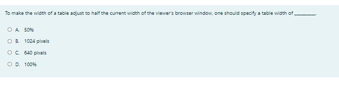 To Make The Width Of A Table Adjust To Half The Current Width Of The Viewer S Browser Window One Should Specify A Table 1