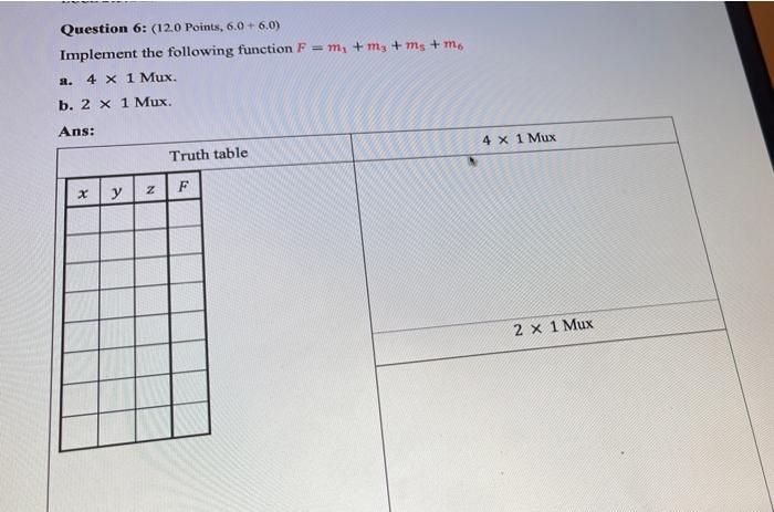 Question 6 12 0 Points 6 0 6 0 Implement The Following Function F M M Ms Mo R 4 X 1 Mux B 2 X 1 Mux Ans 1