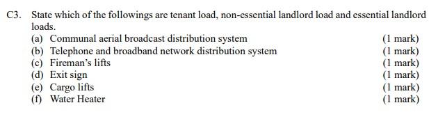 C3 State Which Of The Followings Are Tenant Load Non Essential Landlord Load And Essential Landlord Loads A Communa 1
