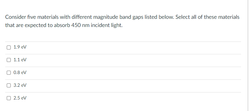 Consider Five Materials With Different Magnitude Band Gaps Listed Below Select All Of These Materials That Are Expected 1